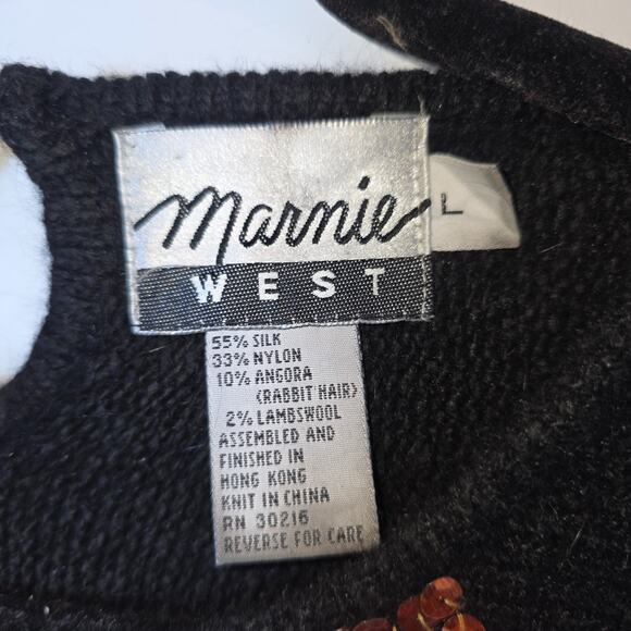 Vtg Artsy Embellished Sweater Women's Large Silk Angora Knit Black Floral Sequin - Picture 6 of 6